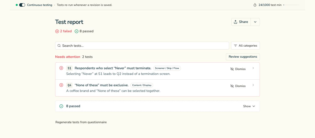 Current Questra continuous testing workspace with automatic testing enabled, failed and passed questionnaire checks, and Review suggestions.