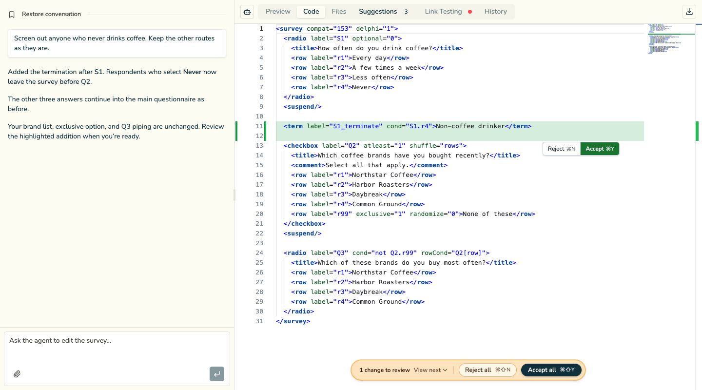 Current Questra programming workspace with the agent conversation, native source, a highlighted screener change, and Accept and Reject controls.